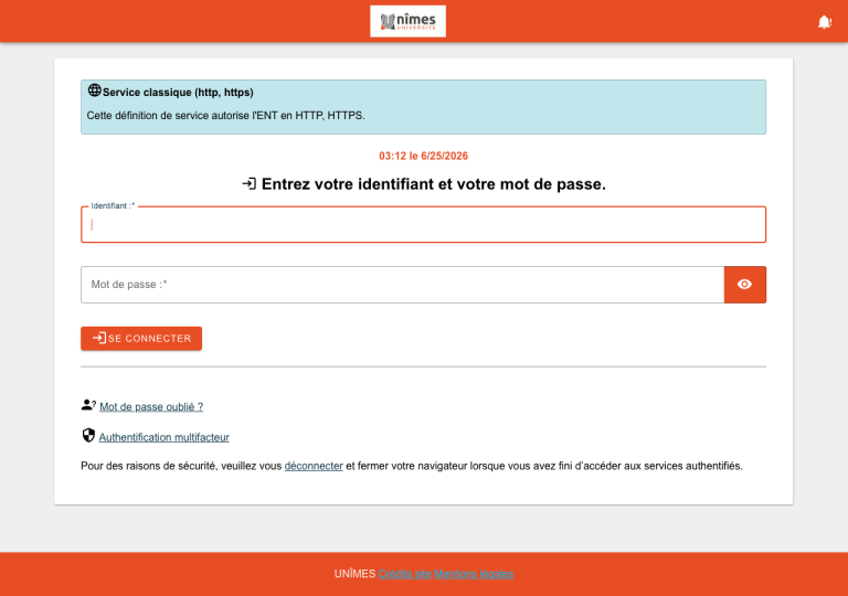 Capture d'écran du site ent.unimes.fr